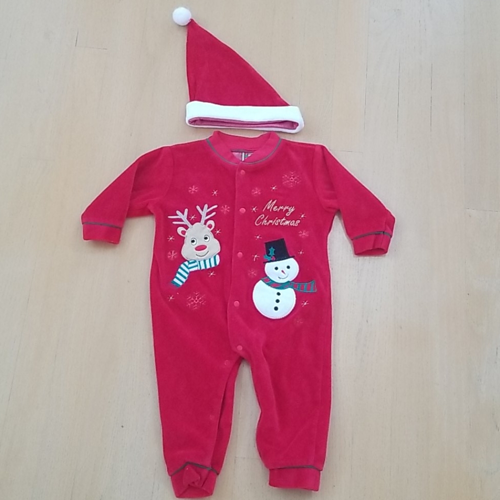 Velour Merry Christmas Rudolf Snowman Bodysuit and Hat